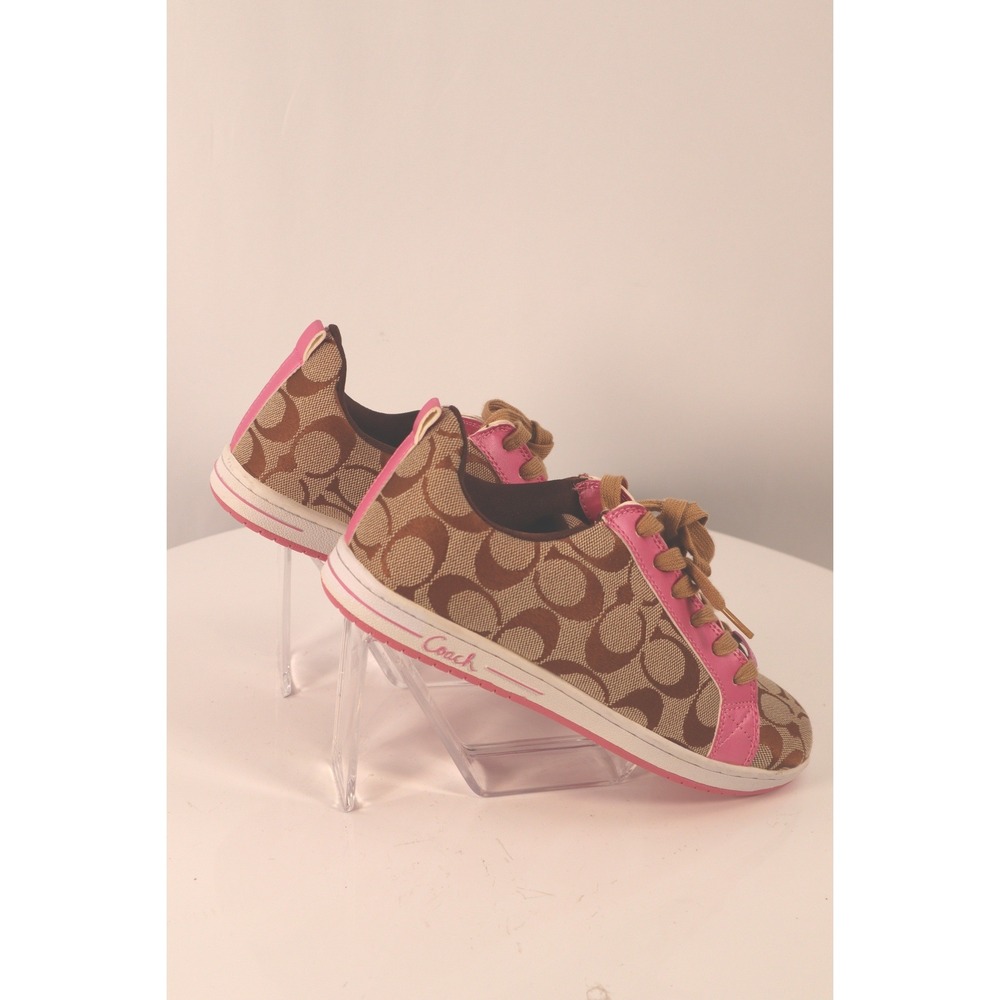 Coach Signature Monogram Canvas Low Sneakers Brown Pink Leather Trim-Size 8.5 - Picture 6 of 9